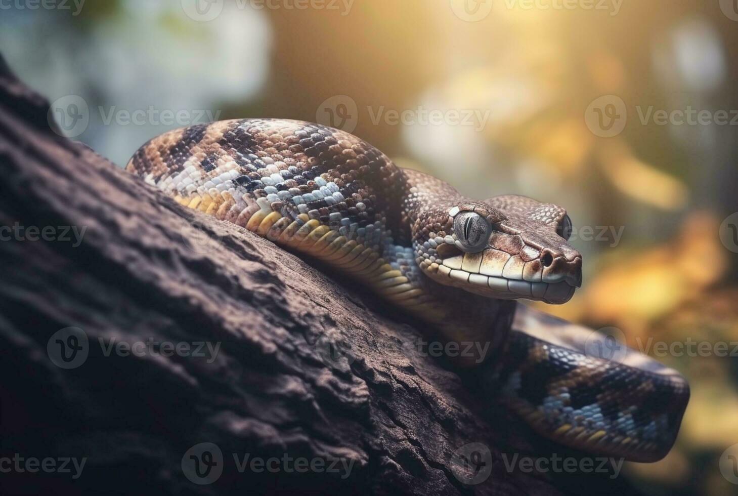 detailopname van Python Aan boom met wazig achtergrond. generatief ai foto