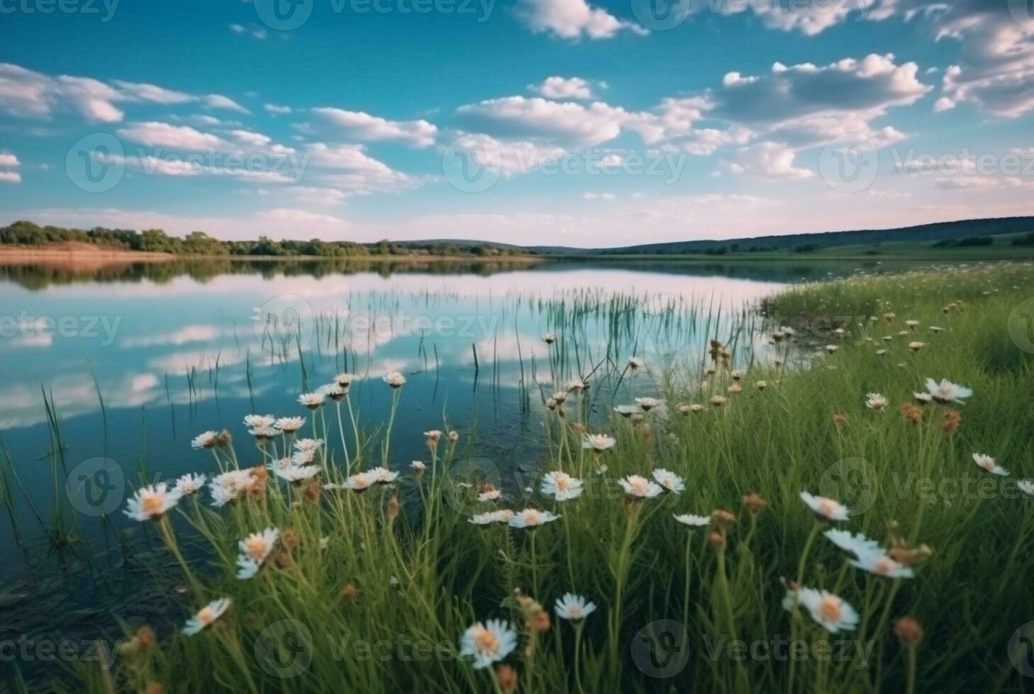 mooi meer visie met bloemen en groen gras. generatief ai foto