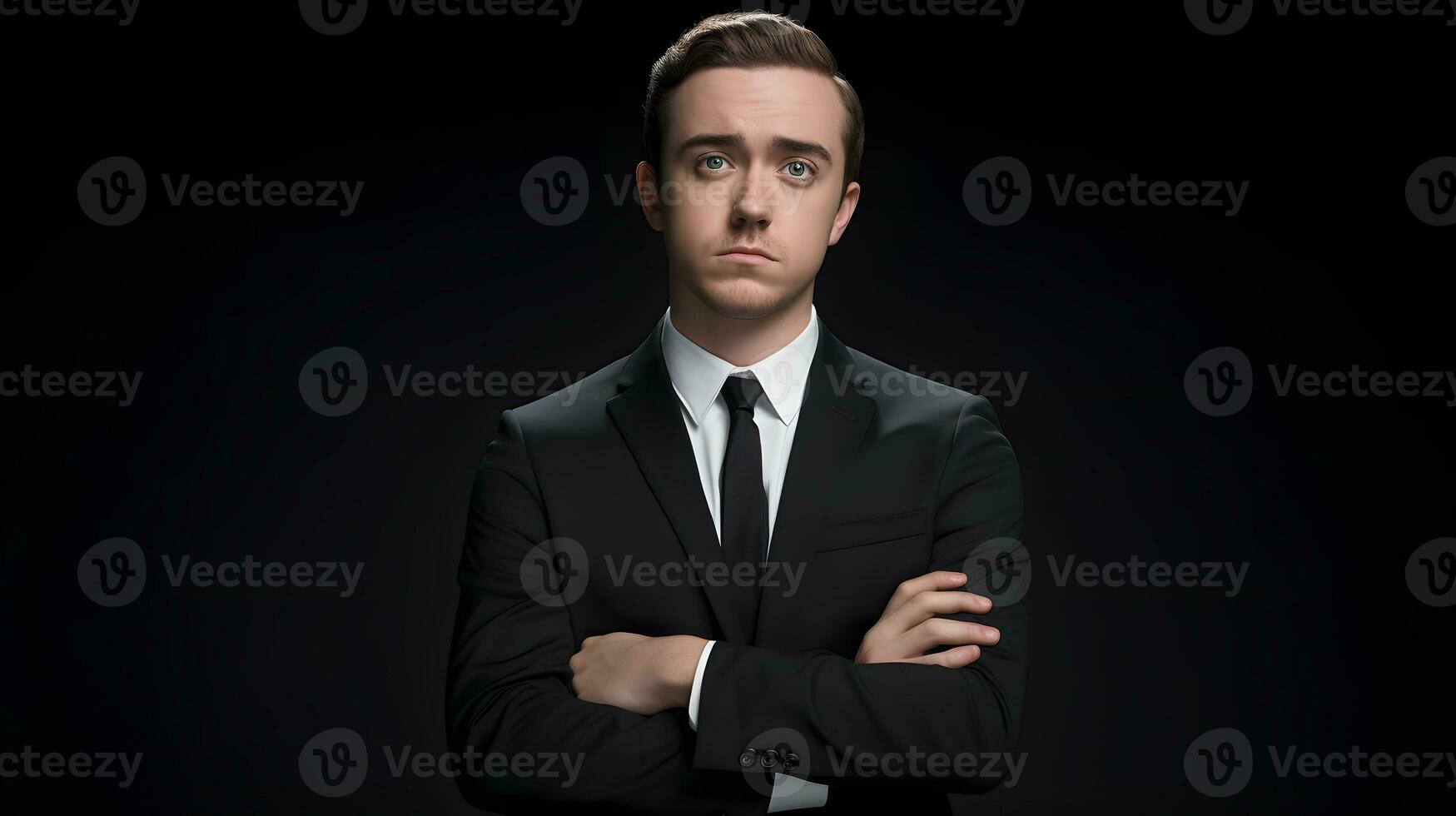 portret van jong knap zakenman in zwart pak Aan zwart achtergrond foto