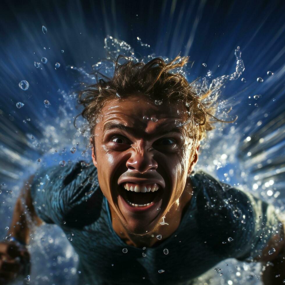 energiek schot van een zwemmer racing door de water Leuk vinden een getorpedeerd foto