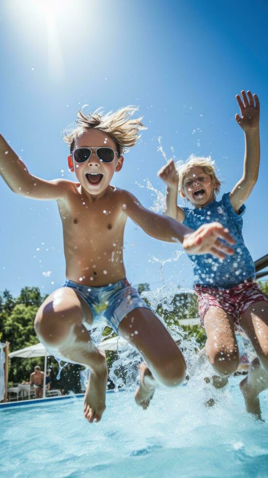 een groep van vrienden jumping in de zwembad, gevangen genomen in in de lucht foto