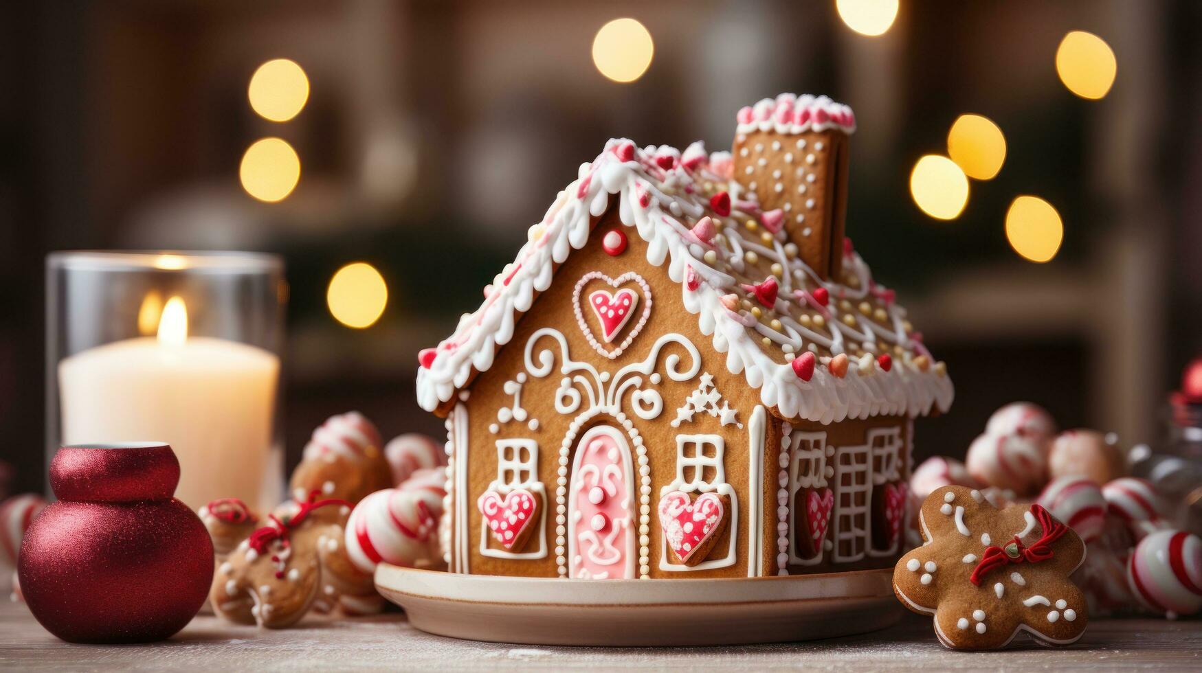feestelijk peperkoek huis met snoep wandelstokken en suikerglazuur decoraties foto