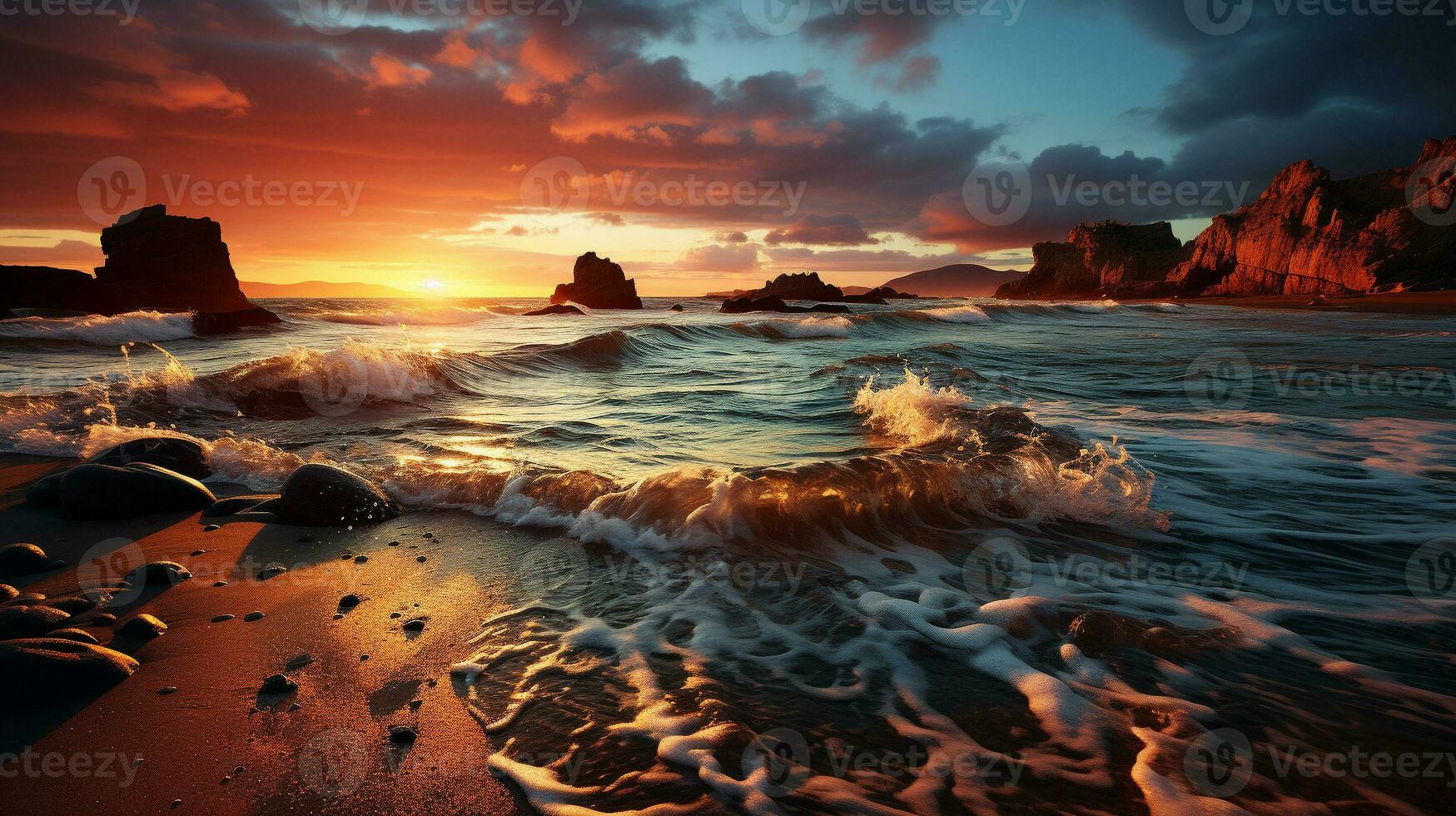 schoonheid van strand zonsopkomst zacht en gouden oceaan zonlicht, ai generatief foto