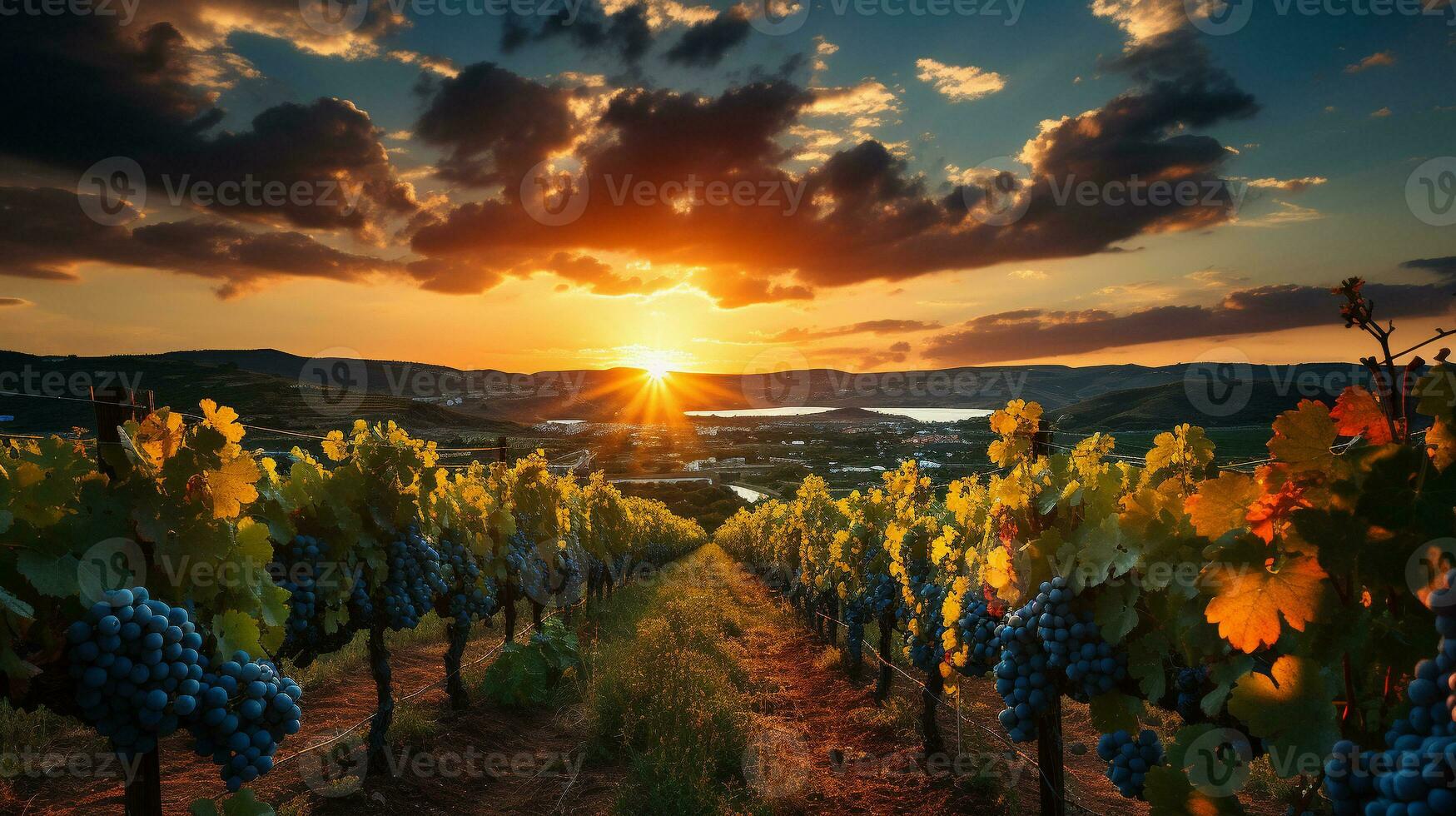 wijngaard keer bekeken rijen van wijnstokken onder de zon, ai generatief foto