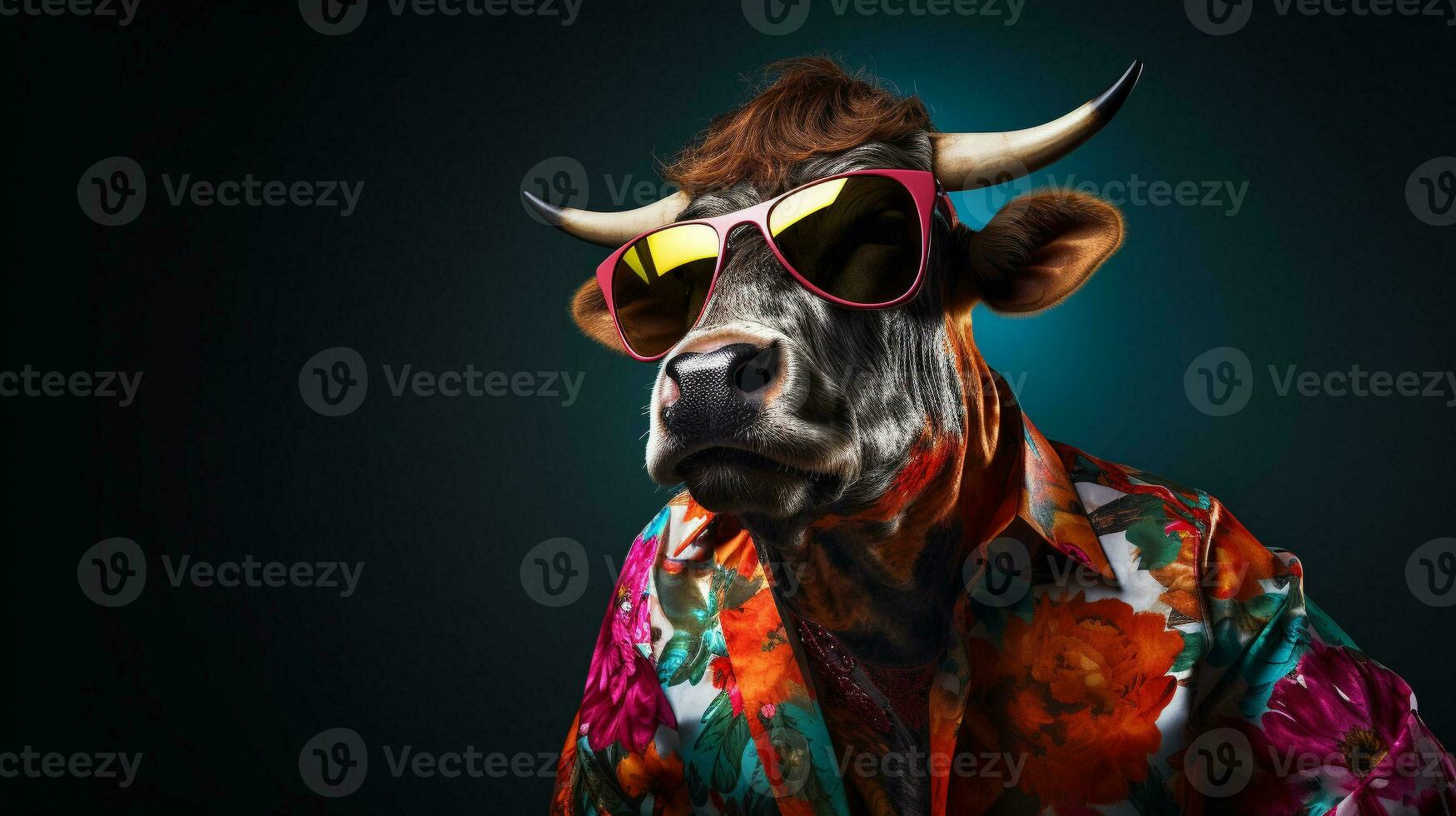 stier in hawaiiaans overhemd en zonnebril, ai generatief foto