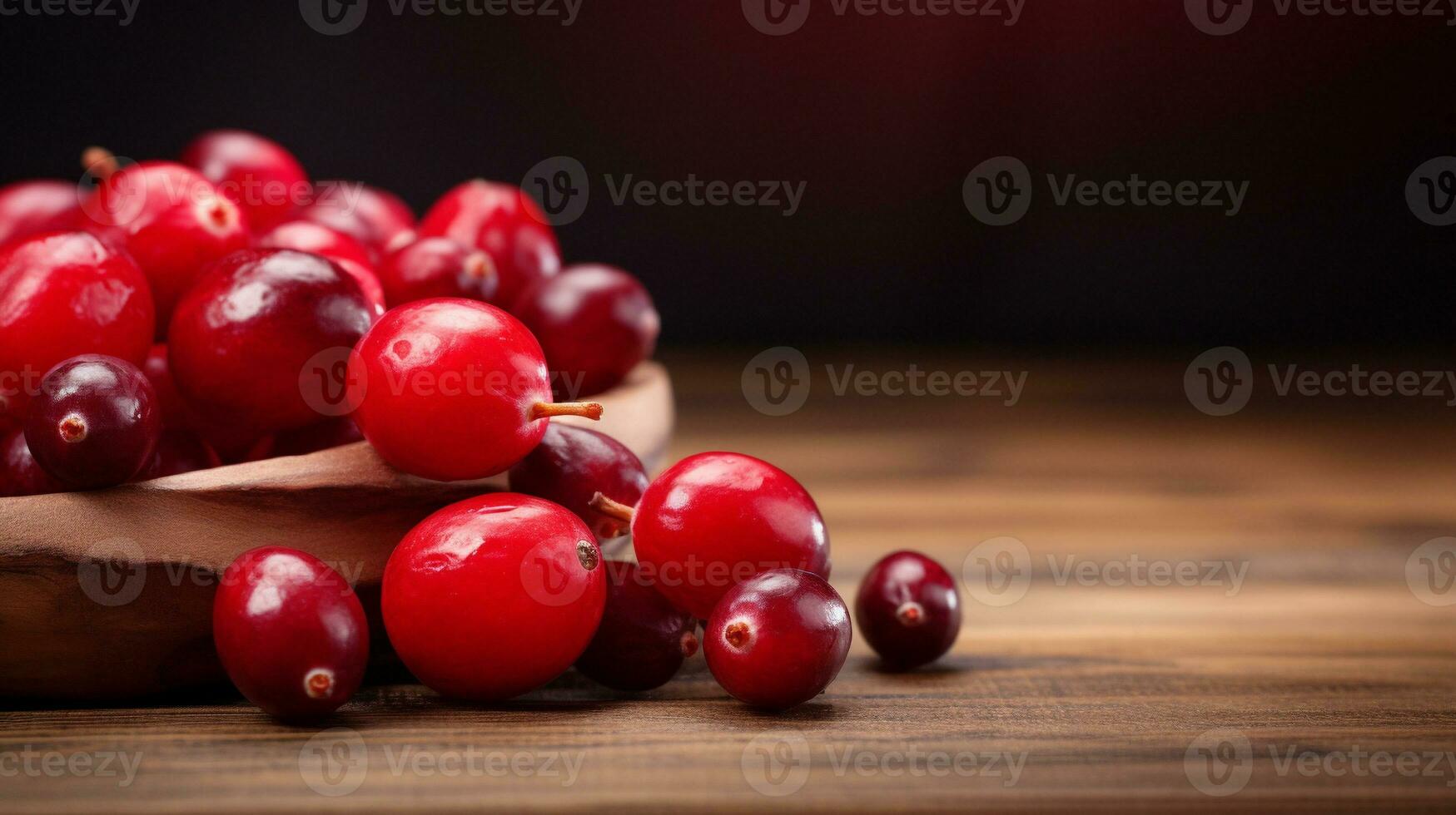 ai generatief, een veenbes perfect lit met een hout backdrop foto