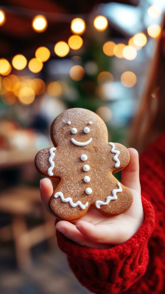 kind hand- Holding een vers gebakken peperkoek Mens koekje foto