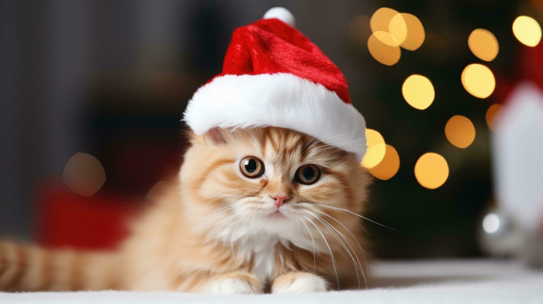 schattig kat in de kerstman claus hoed tegen wazig Kerstmis lichten foto