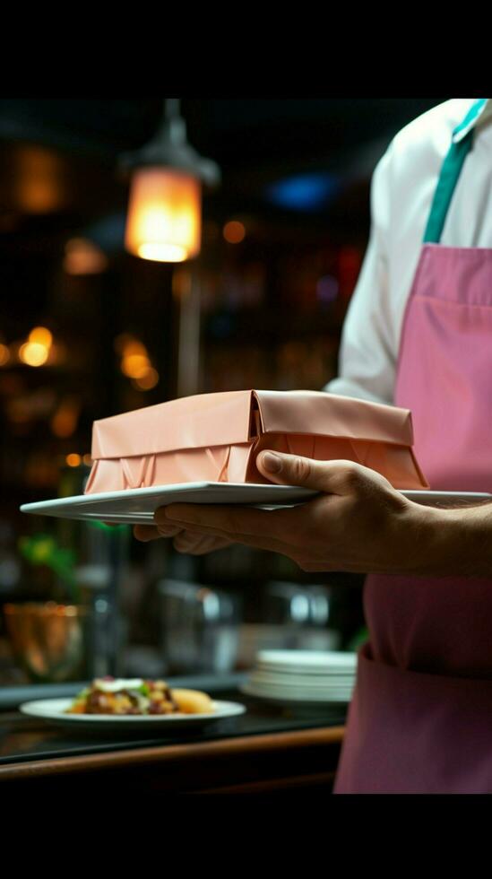 culinaire uitwisseling server handen over- schotel naar tevreden diner, zorgen voor een verrukkelijk beleven. verticaal mobiel behang ai gegenereerd foto