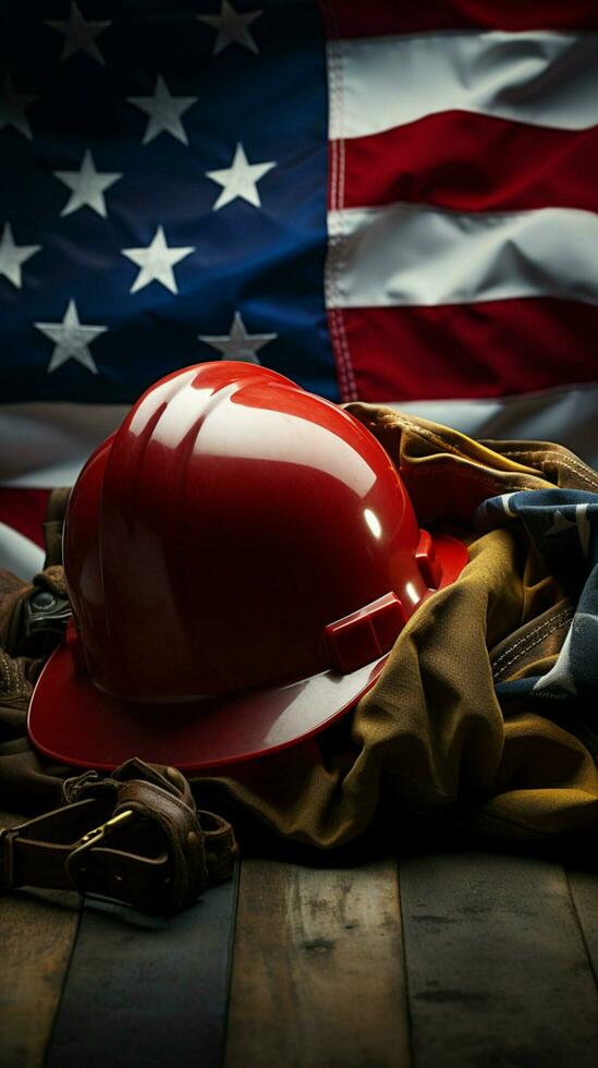 Amerikaans vlag golven door helm en hulpmiddelen, belichamen arbeid dagen essence verticaal mobiel behang ai gegenereerd foto