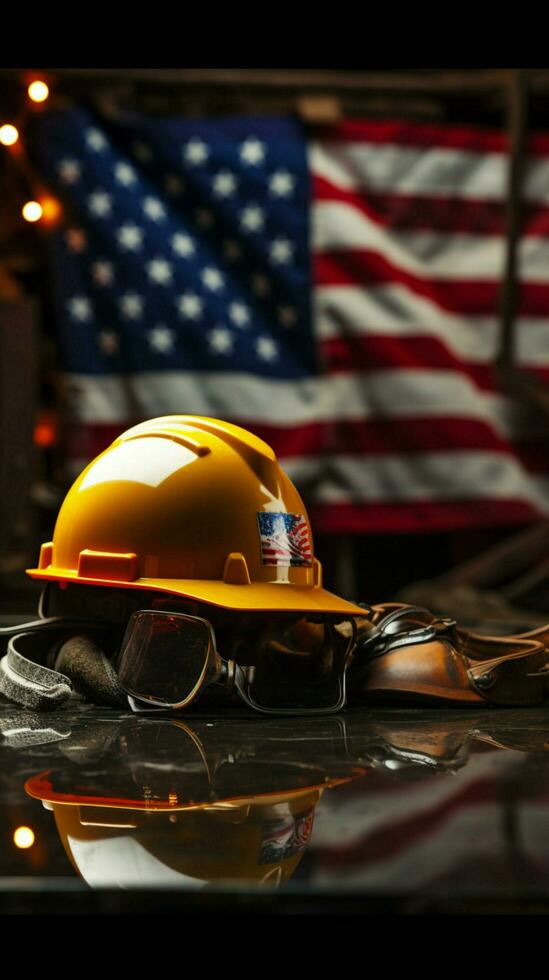 arbeid dag tafereel hulpmiddelen, helm, en vlag spiegel Amerikaans toewijding en trots verticaal mobiel behang ai gegenereerd foto