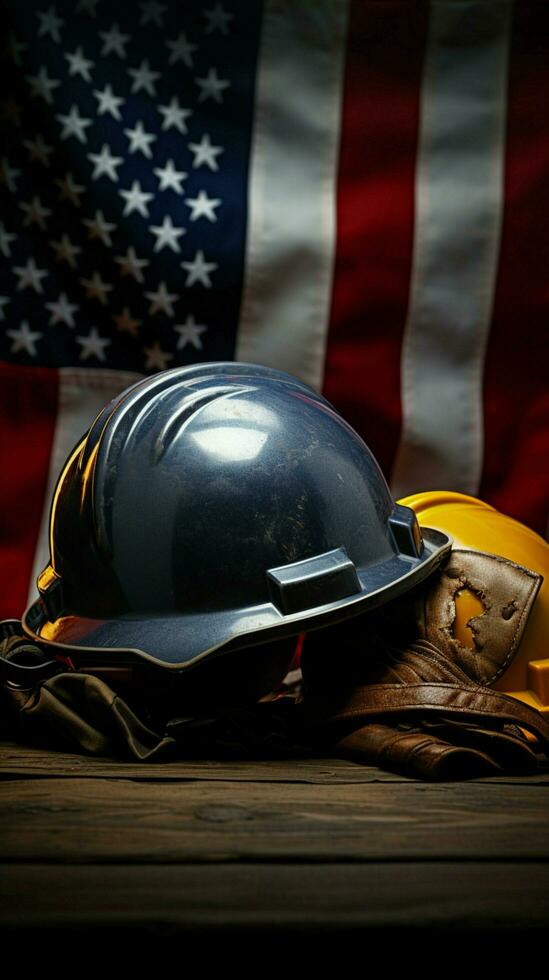 patriottisch arbeid dag tableau helm, hulpmiddelen, en vlag belichamen Amerikaans bedrijvigheid verticaal mobiel behang ai gegenereerd foto
