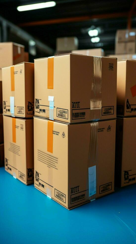 Verzending metgezellen karton dozen ervoor zorgen veilig doorvoer, beveiligen inhoud gedurende vervoer. verticaal mobiel behang ai gegenereerd foto