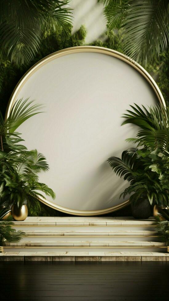 verhoogd vitrine 3d renderen van wit goud podium, geaccentueerd door weelderig palm bladeren verticaal mobiel behang ai gegenereerd foto