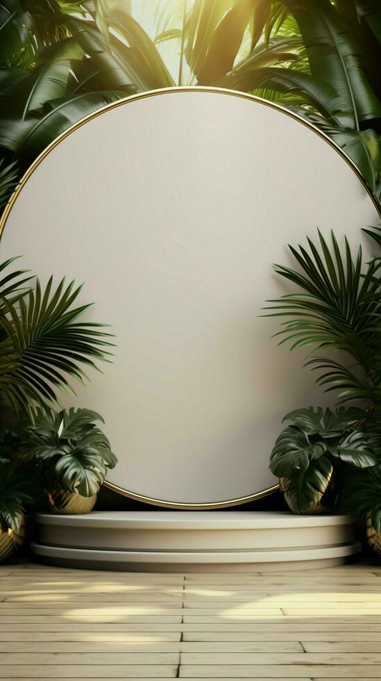 luxe presentatie 3d mockup van wit goud podium versierd met palm bladeren verticaal mobiel behang ai gegenereerd foto