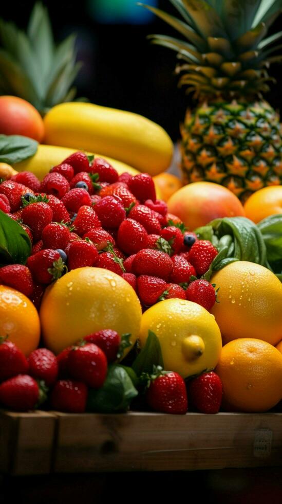 markten premie gedetailleerd schot Kenmerken vers fruit plakjes tentoongesteld in la boqueria, Barcelona verticaal mobiel behang ai gegenereerd foto