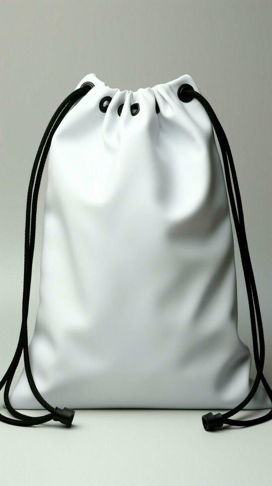 minimalistische contrast wit trekkoord tas, versierd met een strak zwart touw sluiting verticaal mobiel behang ai gegenereerd foto