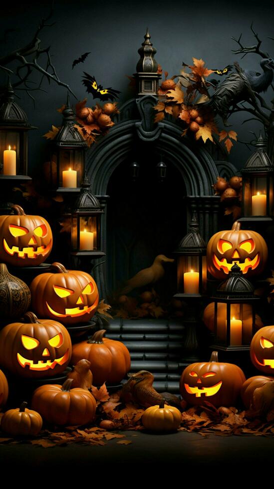 seizoensgebonden verleiden backdrop sets een halloween humeur met een rangschikking van decoratief pompoenen verticaal mobiel behang ai gegenereerd foto
