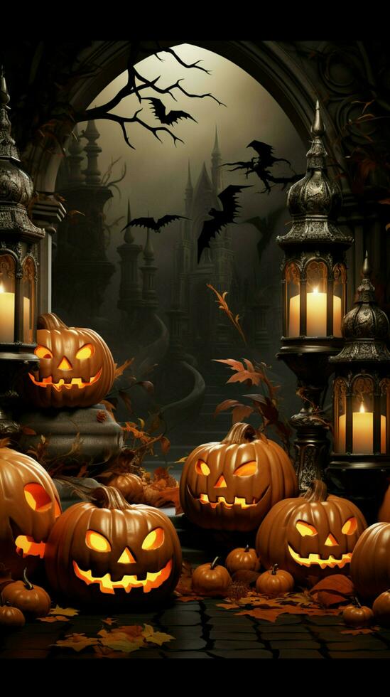 seizoensgebonden verleiden backdrop sets een halloween humeur met een rangschikking van decoratief pompoenen verticaal mobiel behang ai gegenereerd foto