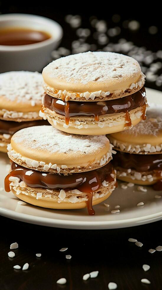 zoet toegeeflijkheid alfajores koekjes vastleggen de concept van verrukkelijk genot feilloos verticaal mobiel behang ai gegenereerd foto