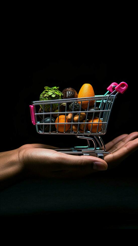 zwart achtergrond accentueert hand- Holding mini kar, een zichtbaar boodschappen doen beleven. verticaal mobiel behang ai gegenereerd foto