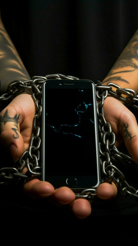 fraudeurs geboeid handen koppeling telefoon, symboliseert verslaving en illegaal communicatie gevolgen verticaal mobiel behang ai gegenereerd foto
