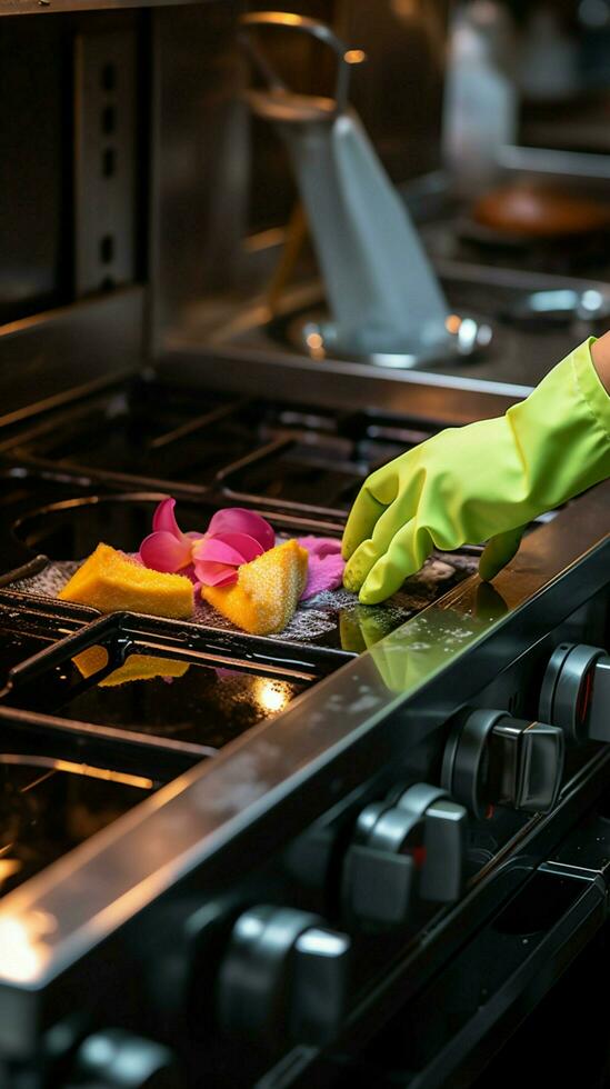 gehandschoende hand- reinigt fornuis na Koken, vrouw geniet huishouding, bekeken van bovenstaand verticaal mobiel behang ai gegenereerd foto