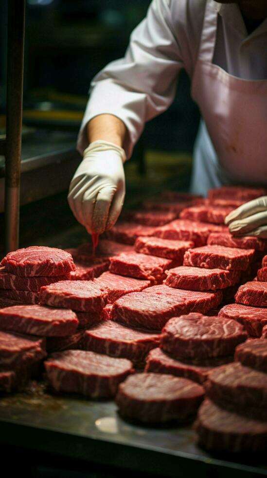 Hamburger pasteitjes nemen vorm onder de geschoold handen van toegewijd slagers verwerken verticaal mobiel behang ai gegenereerd foto