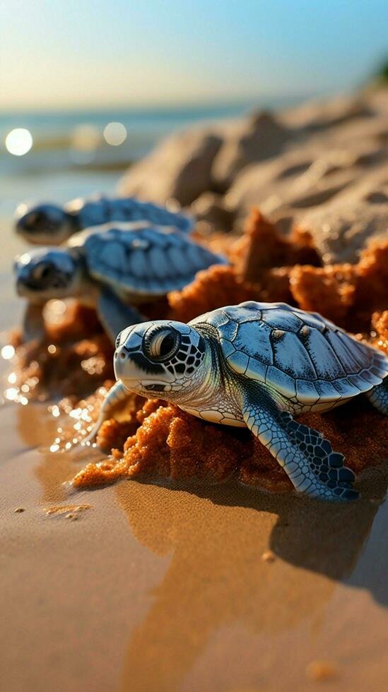 kust magie baby schildpadden klep, begin hun opmerkelijk leven reis door de oceaan. verticaal mobiel behang ai gegenereerd foto