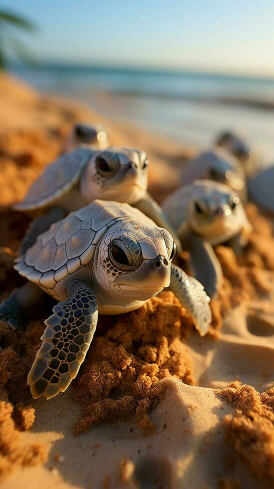 kust- wonder kust uitkomen onthult baby schildpadden net zo ze begin oceanisch verkenning. verticaal mobiel behang ai gegenereerd foto