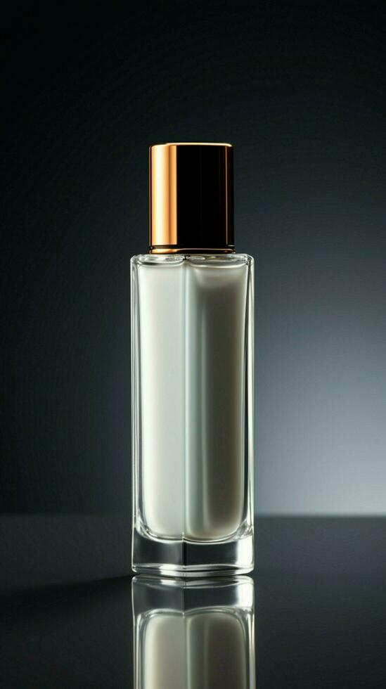 chique minimalisme kunstmatig Product fles tegen licht grijs backdrop straalt uit verfijning verticaal mobiel behang ai gegenereerd foto