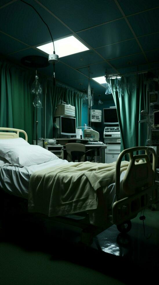 een onbezet ziekenhuis kamer bevat een eenzaam bed, verstoken van menselijk aanwezigheid. verticaal mobiel behang ai gegenereerd foto
