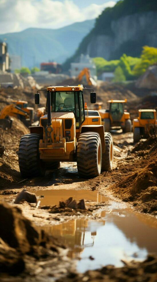 weg bouw plaats wordt weergegeven bruisend werkzaamheid met een rangschikking van zwaar machines. verticaal mobiel behang ai gegenereerd foto