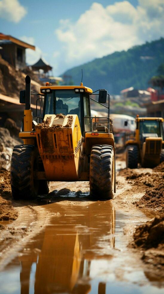 weg bouw plaats wordt weergegeven bruisend werkzaamheid met een rangschikking van zwaar machines. verticaal mobiel behang ai gegenereerd foto