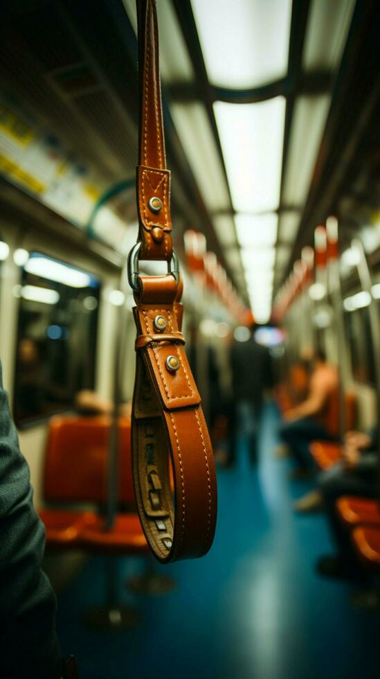 selectief focus Aan grip wazig hand- beveiligt band, zorgen voor veiligheid in metro reizen. verticaal mobiel behang ai gegenereerd foto