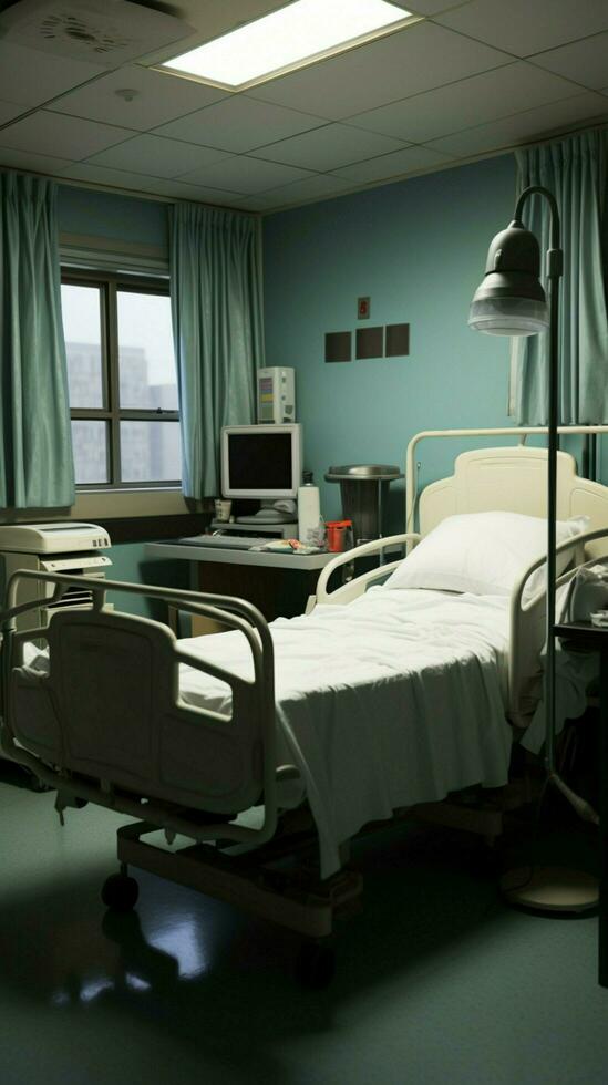 eenzaam bed vult vrijgekomen ziekenhuis kamer, onaangeroerd door ieder aanwezigheid of werkzaamheid. verticaal mobiel behang ai gegenereerd foto