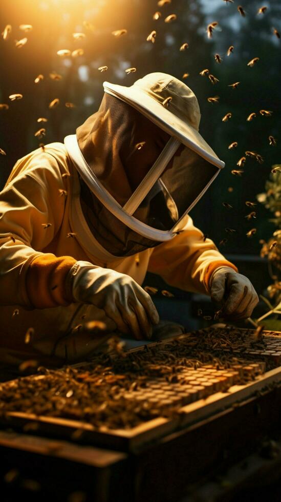 tussen bijen, imker grijpt honingraat, verenigen menselijk zorg met aard overvloed verticaal mobiel behang ai gegenereerd foto