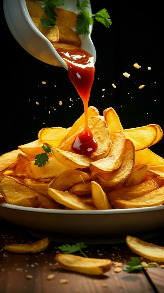 verrukkelijk combinatie aardappel chips tuimelen in een kom met eigengemaakt tomaat ketchup verticaal mobiel behang ai gegenereerd foto