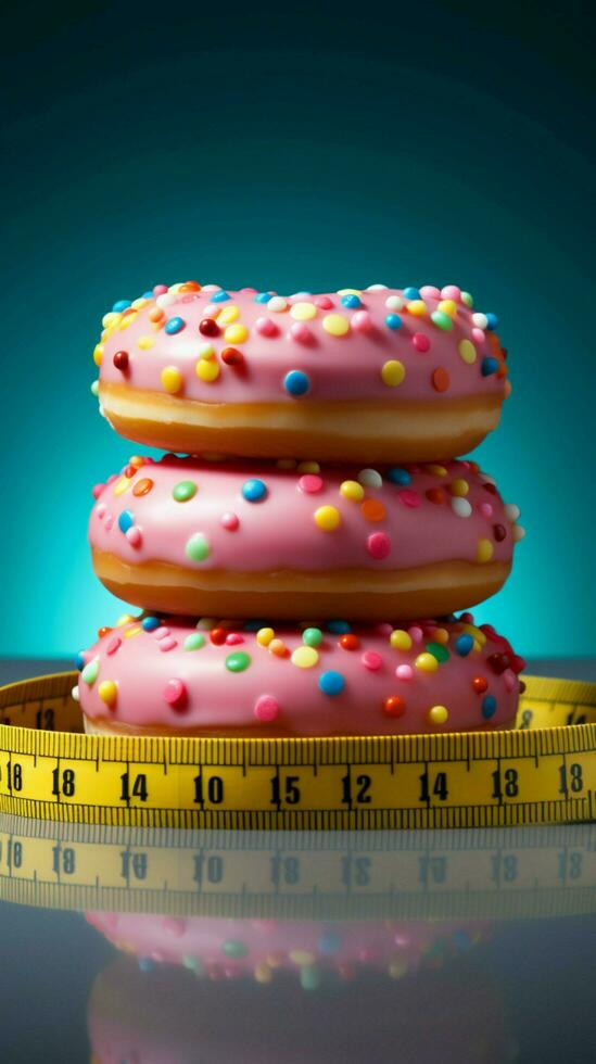 gezond oplossen meten plakband bindt donut, vertegenwoordigen inzet naar gewicht verlies verticaal mobiel behang ai gegenereerd foto