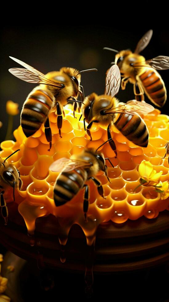 ingewikkeld choreografie bijen en bugs creëren een levendig aura in de omgeving van de bijenkorf verticaal mobiel behang ai gegenereerd foto