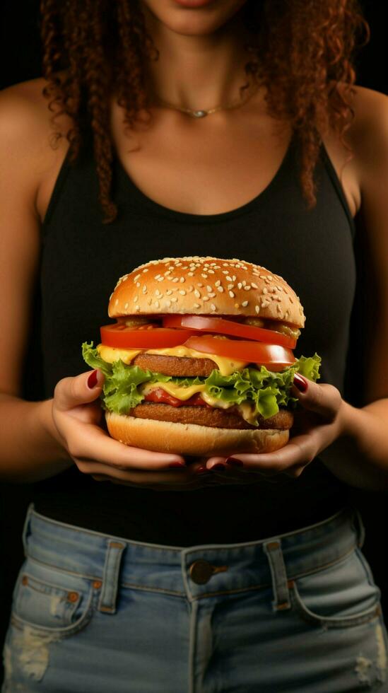 ongezond aan het eten concept dames verbinding naar vettig hamburger, hand- Aan maag, grijs achtergrond verticaal mobiel behang ai gegenereerd foto