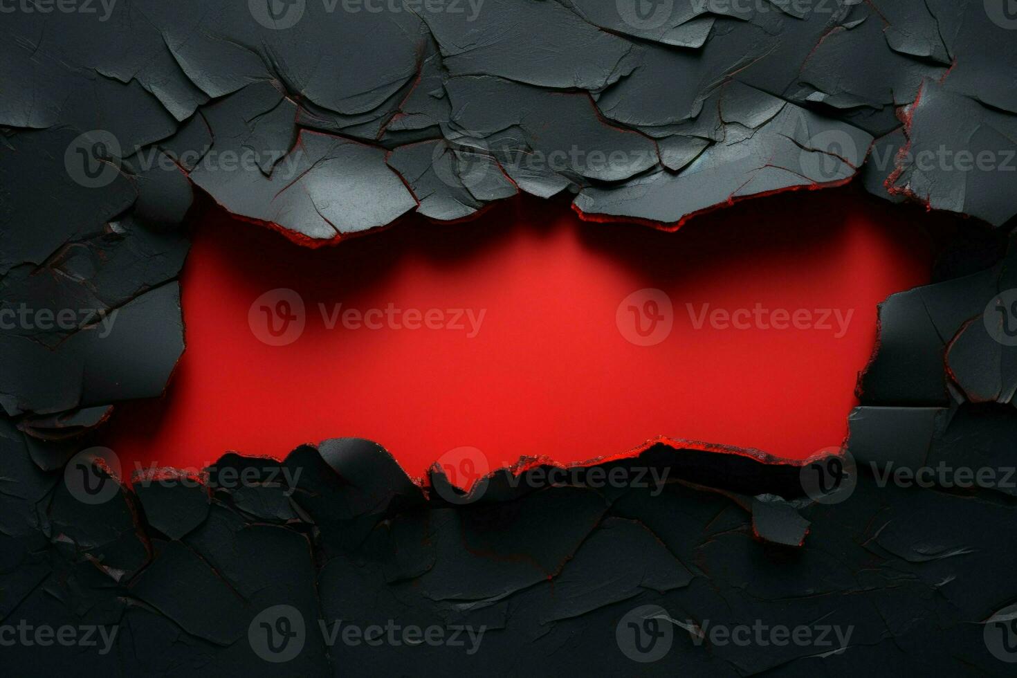 rood papier komt tevoorschijn door een gescheurd afgrond in een zwart abstract canvas ai gegenereerd foto