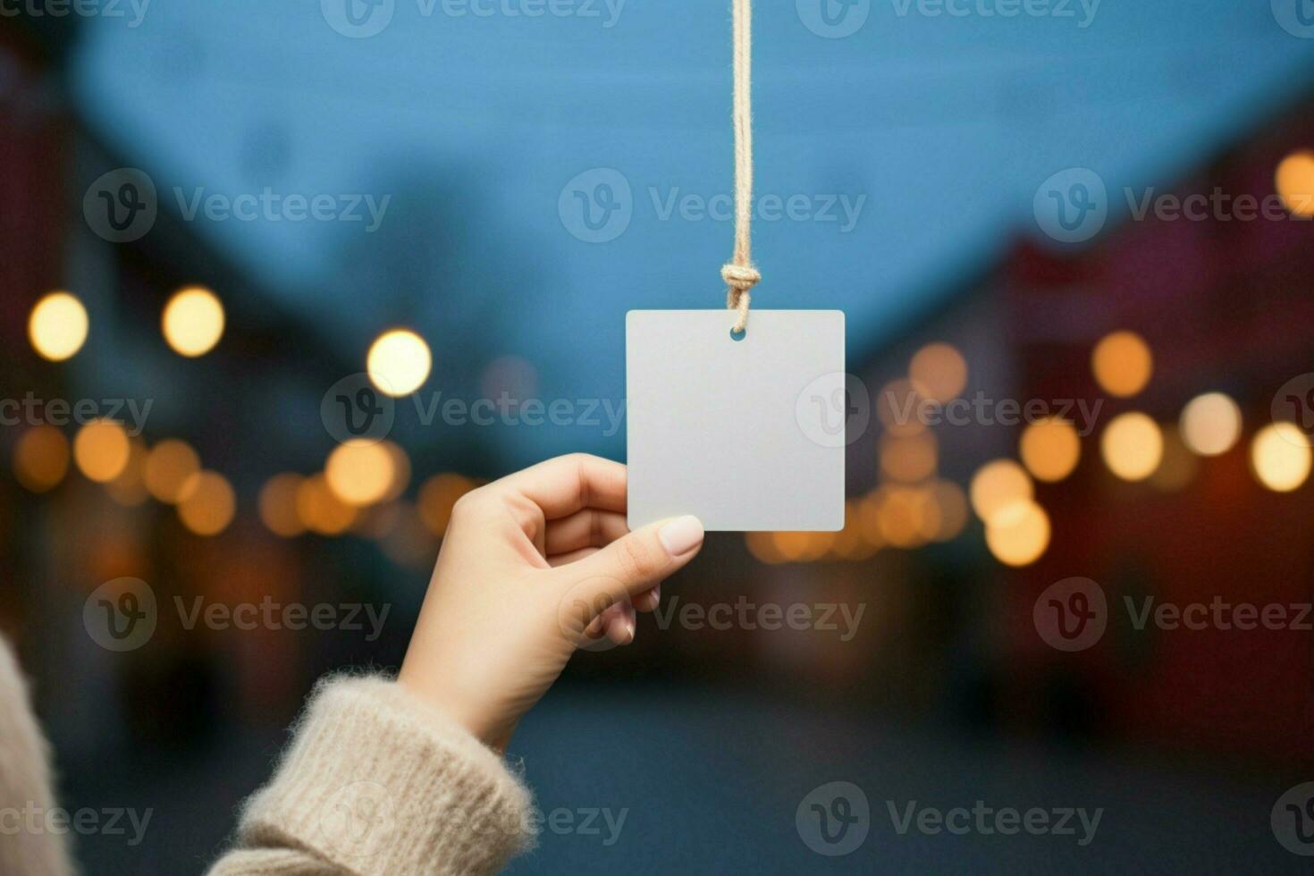 een vrouw hand- houdt een blanco label tegen een zacht wazig backdrop ai gegenereerd foto