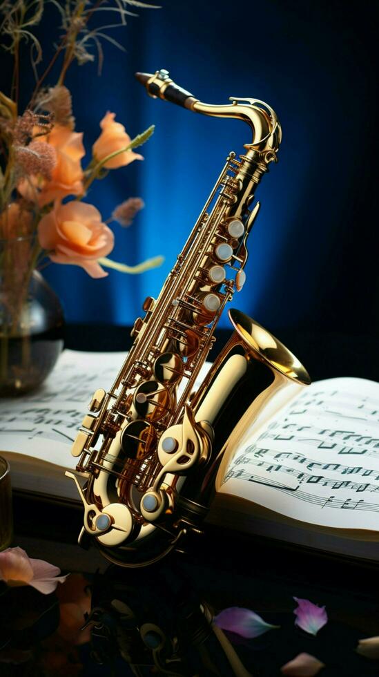 een blauw canvas versierd met gouden saxofoons en een musical notebook. verticaal mobiel behang ai gegenereerd foto