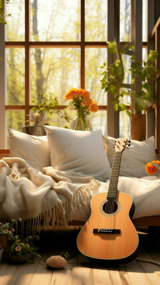 knus moderniteit definieert de leven kamer, waar een gitaar voegt toe karakter. verticaal mobiel behang ai gegenereerd foto