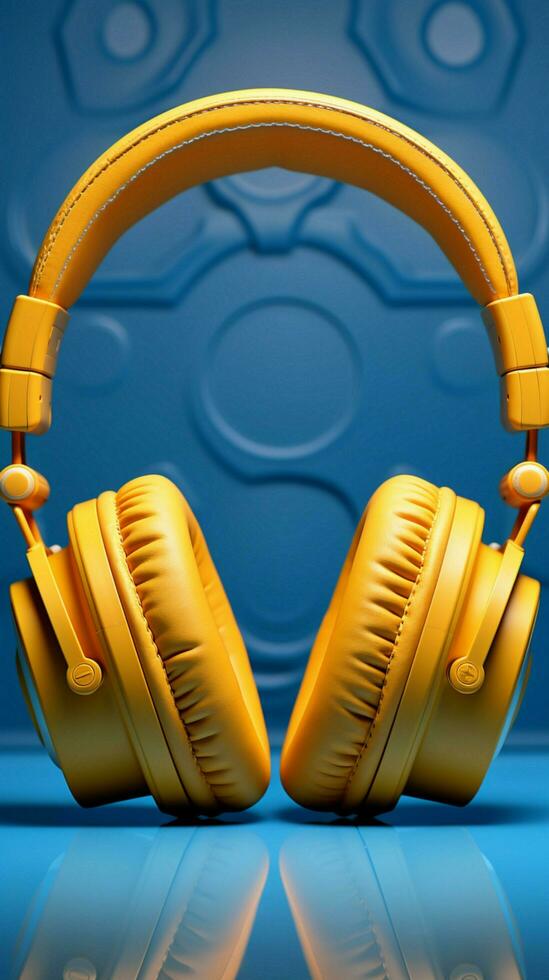 in eenzaamheid tegen een blauw achtergrond, geel hoofdtelefoons straalt uit levendigheid. verticaal mobiel behang ai gegenereerd foto