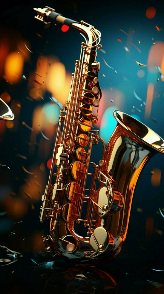 saxofoons glans met gouden melodieën temidden van een levendig zee van musical notities. verticaal mobiel behang ai gegenereerd foto