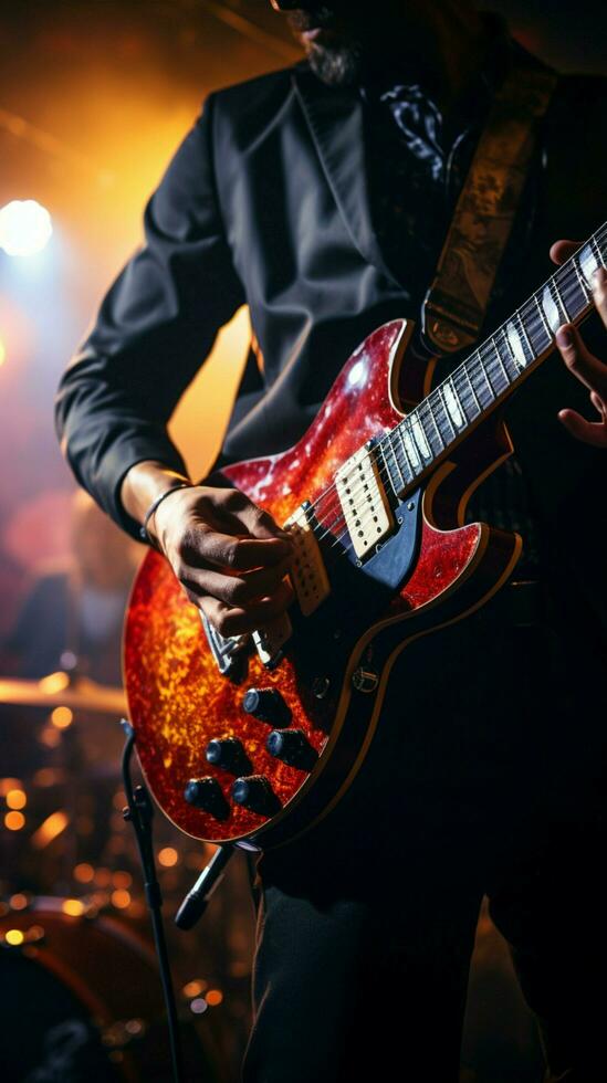 de gitarist's aanwezigheid schijnt Aan stadium tegen een zacht wazig achtergrond. verticaal mobiel behang ai gegenereerd foto