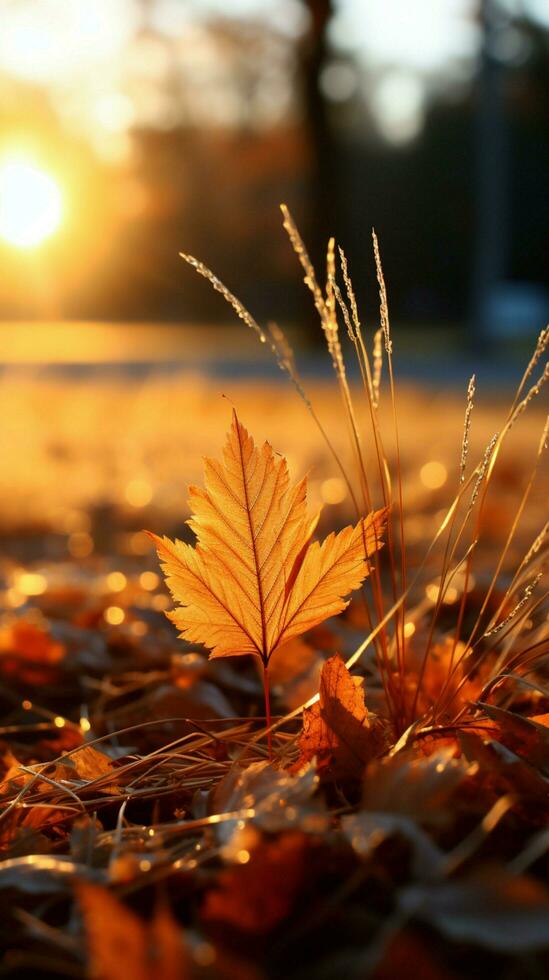 herfst bladeren sieren zon gekust gras, creëren een prachtig afgezwakt ochtend- tafereel verticaal mobiel behang ai gegenereerd foto