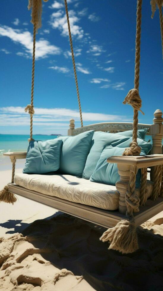 strand paradijs schommel of hangmat Aan wit zand verticaal mobiel behang ai gegenereerd foto